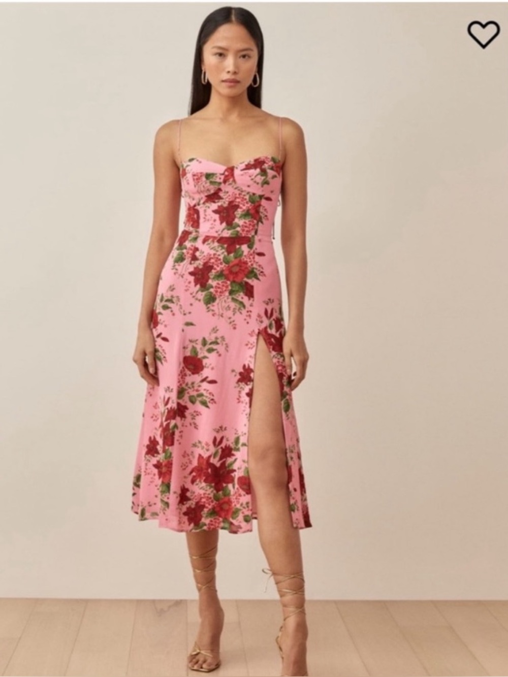 Reformation Pink Floral Midi Dress with Red & Green Print